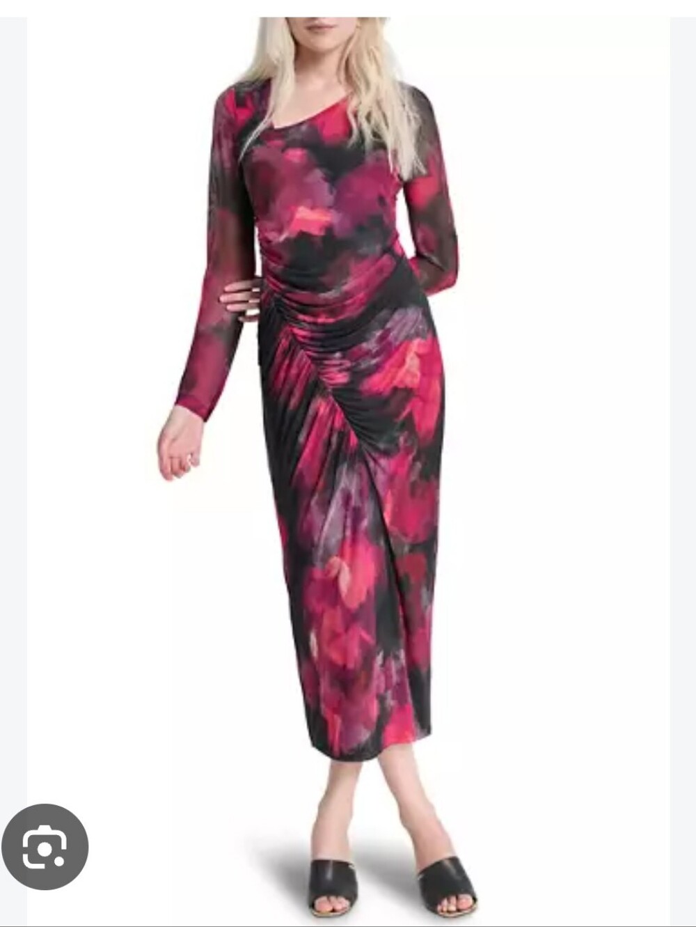 DKNY Size 10 Black Pink Floral Ruched Mesh Midi Dress Long Sleeve Fairygrunge